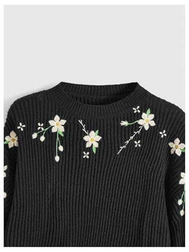Image of BEAUDRM Women's Floral Embroidered Sweaters Crewneck Sweaters Long Sleeve Knitted Top Pullovers