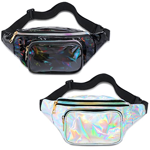 2 Pieces Holographic Fanny Pack Neon 80s Party Belt Bags Festival Neon Shiny Beach Bag with Adjustable Belt for Women Men(White, Black)
