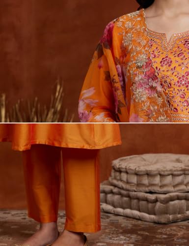 Image of Amazon Brand - Myx Women's Kurta Pant Set with Embroidered Organza Dupatta | A-line fit (Available in Plus Sizes)