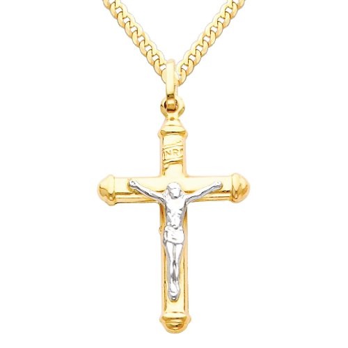 14k Two Tone Gold Jesus Cross Religious Charm Pendant with 2mm Concave Curb Cuban Chain Necklace