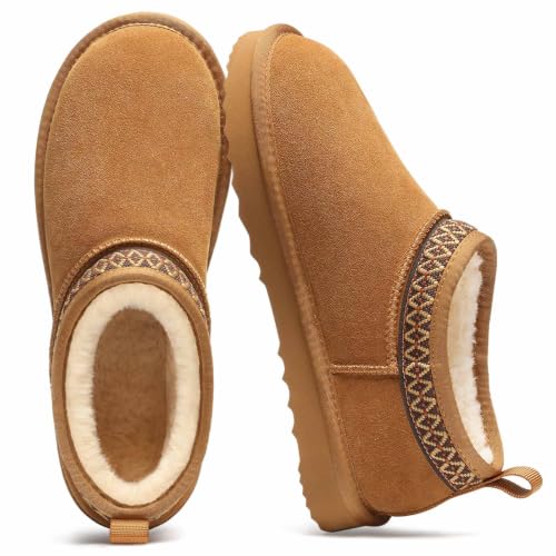 Litfun Genuine Suede Mini Boots for Women Faux Fur Lined Winter Ankle Boots | Snow Boots with Warm Lining, Memory Foam, Convenient Pull-On, Anti-slip Sole & All-Day Comfort, Chestnut, 8-8.5 - image 1