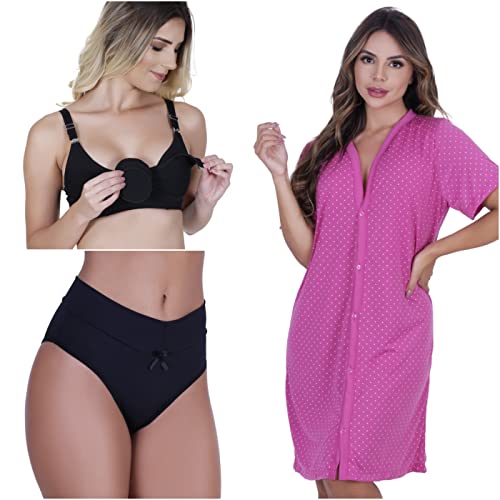 Kit maternidade 1 Camisola com manga curta botão +1 calcinha pós parto +1 sutiã amamentação (M (42/4