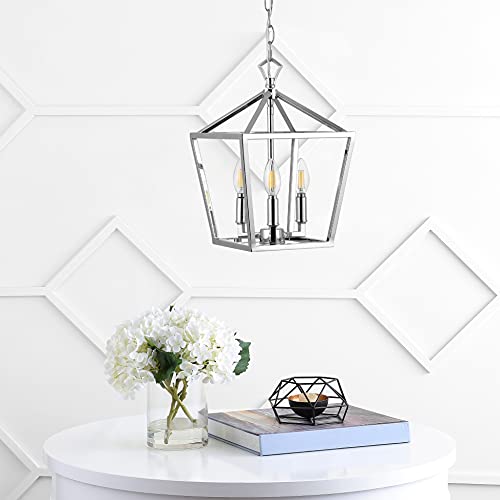 Image of JONATHAN Y Ojai Pagoda Pendant Lantern 10 inch, Chrome | 3-Light, Metal Frame Construction, LED Bulbs Included, Adjustable Chain, Classic Farmhouse Chandelier, Entry Foyer Decor