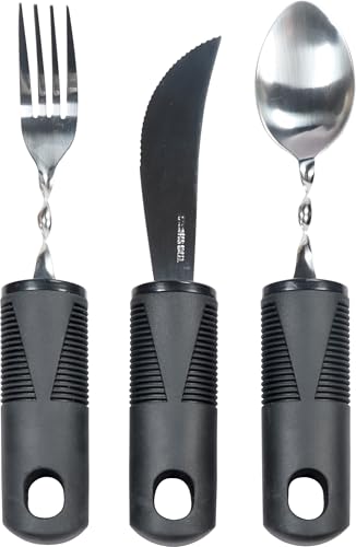 Image of Aidapt Easy to Grip Cutlery Set. 3 Pieces-Bendable Fork&Spoon, Rocker Knife,Slot to Attach Wrist Strap,Dishwasher Safe,Parkinsons,Disabled,Stroke,Weak Grip,Limited Mobility,Large Soft-Touch Handles