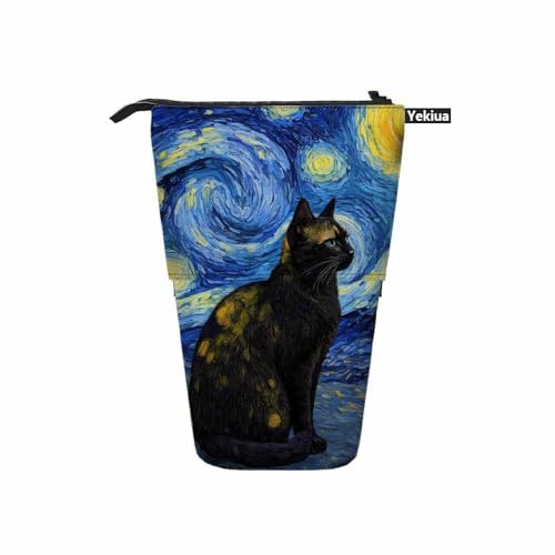Image of Swono Shambhala Cat Pencil Case Vincent Van Gogh Impressionist Art Sky Scene Standing Pencil Case Pencil Pouch Pencil Holder Blue