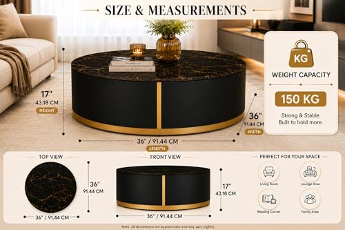 Image of Marble Top Royal Crest Round Center Table | Premium Marble Top Coffee Table for Living Room | Modern Luxury Design 36x36x17 Inch (Gray)