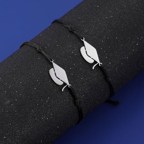 Image of Graduation Bracelets for Her Him,Class of 2026,Personalized Graduation Gifts for College High Scool 8th Grade 5th Grade Master Degree (black rope+silver Charm)