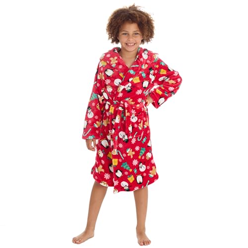 Metzuyan WS-AW22 Kids Girls Boys Unisex Hooded Xmas Dressing Gown Christmas Printed Robe Red 2-3 Years