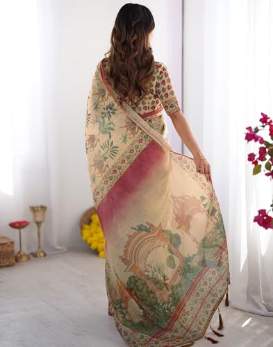 Image of SIRIL Women's Cotton Linen Kalamkari Printed Handloom Saree with Unstitched Blouse Piece