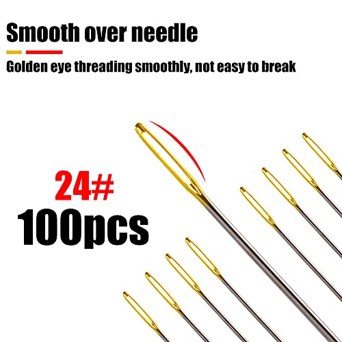 Image of 100pcs Cross Stitch Needles +2 Needle Threader Golden Color Large Eyes Cross Stitch DIY Embroidery Hand Needles Sewing Needles in Transparent Box (24#)