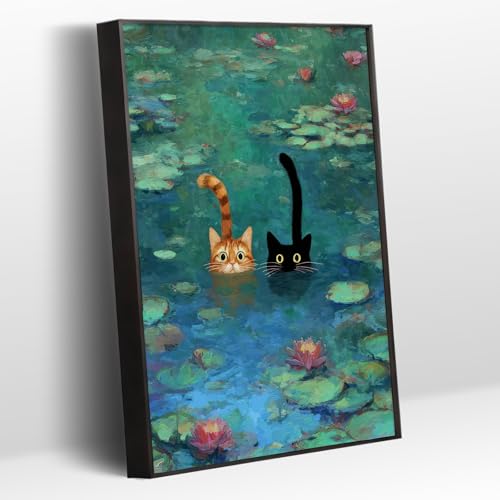 Monet Water Lilies with Cat Canvas Wall Art Funny Cute