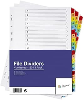 [3 Pack] A4 File Dividers 20 Part Numbered 1-20 | A4 Subject Dividers 20 Part Numbered 1-20 with Multipunched Reinforced Colour Tabs 150gsm