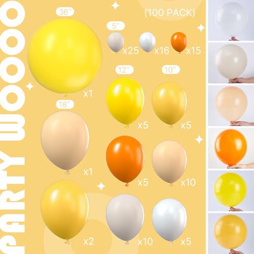 Image of PartyWoo Yellow Balloon Garland, 100 pcs Orange Yellow Balloons Different Sizes Pack of 36 Inch 18 Inch 12 Inch 10 Inch 5 Inch for Balloon Garland Arch as Party Decorations, Birthday Decorations