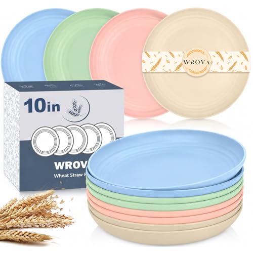 Wrova Dinner Plates Set of 8-10 Inch Wheat Straw Plates Unbreakable Kitchen Plates Reusable - Colorful Serving Plates Deep Plates Microwave & Dishwasher Safe for Parties, Weddings- Nordic
