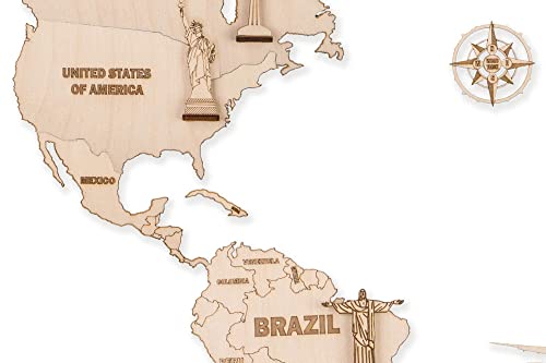 Wood Trick Wooden World Map For Wall Decor - W/Landmarks & Islands - Big - 39X24″ - Premium Style - Very Detailed Cartography - Perfect Wood Gift For Travel Wedding - 3D Wooden Puzzle Travel Map #TOP1