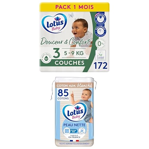 Lot Lotus Baby Douceur & Confort - Couches Taille 3 (5-9 kg) Pack 1 mois - 172 couches + Lotus Baby Peau Nette - Cotons bébé - 85 Cotons