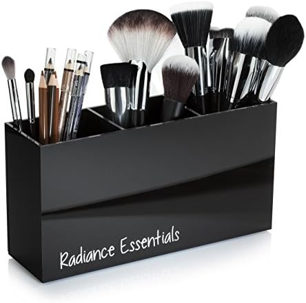Makeup Brush Holder Organizer. Extra Tall for Large Cosmetic Brush Storage with Deep Sections, Dividers and Bottom Grippers. Make Up Brush Organizer and Hair Tools Acrylic Storage - 3 Section