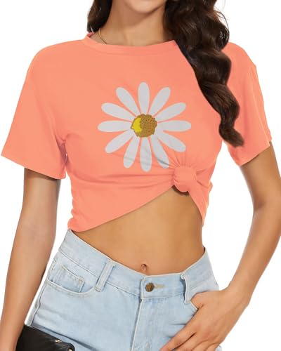Image of Womens Summer Crop Tops Short Sleeve Round Neck T-Shirts Loose Fit Casual Blouse 2026