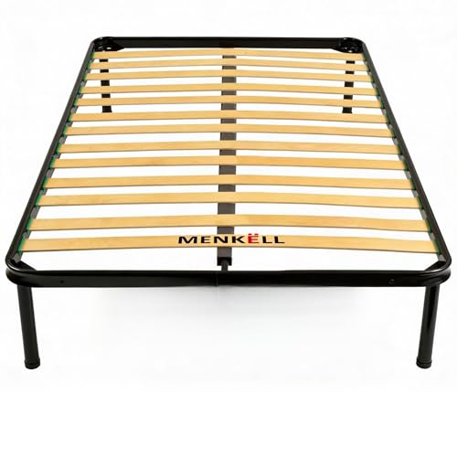 MENKËLL Rete Letto una Piazza e Mezza 120x190 Ortopedica - Telaio in Ferro e Doghe in Legno - Piedi Antiscivolo 30cm - Per Tutti i Tipi di Materassi, Supporta Fino a 200kg (120cm 1 piazza e 1/2)