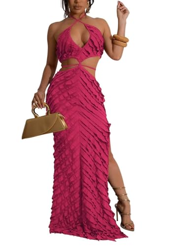 Image of Aro Lora Womens Sexy Halter Neck Criss Cross Pleated Hollow Out Side Slit Bodycon Maxi Dress Small Rose