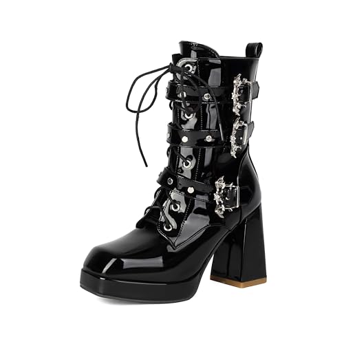 Image of FOREADA Goth Boots Chunky Heel Boot For Women Ankle Combat Booties Black Platform Bootie Buckle Rivets Punk Goth Shoes With Zipper
