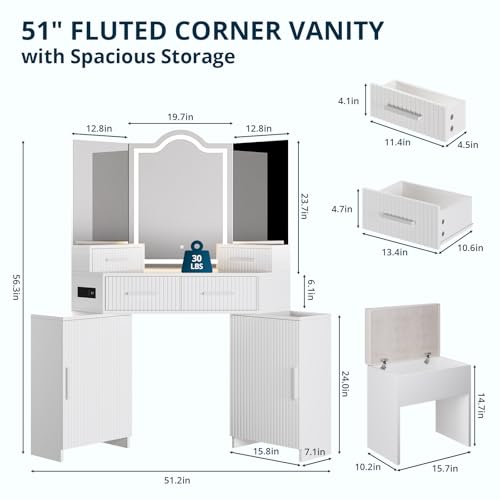 Image of FURSUN Fluted Makeup Vanity Desk with HD 3 Way Mirror and Lights, 51 inch Large Corner Vanity Table with Charging Station, Dressing Table with 4 Drawers & 2 Storage Cabinets for Bedroom, White