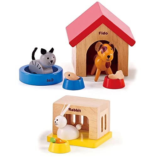 Family Pets Wooden Dollhouse Animal Set By Hape | Complete Your Wooden Dolls House With Happy Dog, Cat, Bunny Pet Set With Complimentary Houses And Food Bowls #TOP2