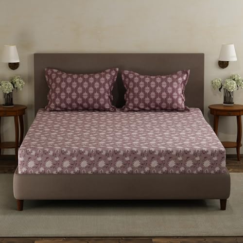 Image of Layers 100% Cotton Double Size Bedsheet Set | Brown Floral Print | 120 TC Forever Collection | Soft & Breathable | Washable Bedsheet with 2 Pillow Covers | All Season