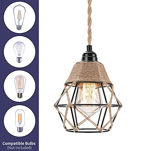 Vintage Hemp Rope Farmhouse Lamp Shades - Mini Wire Cage Hanging Light Fixture - Rustic Industrial Woven Pendant Light Wall Sconces Lampshade - Metal Bulb Guard Cage For Hanging Pendant Replacement #TOP2