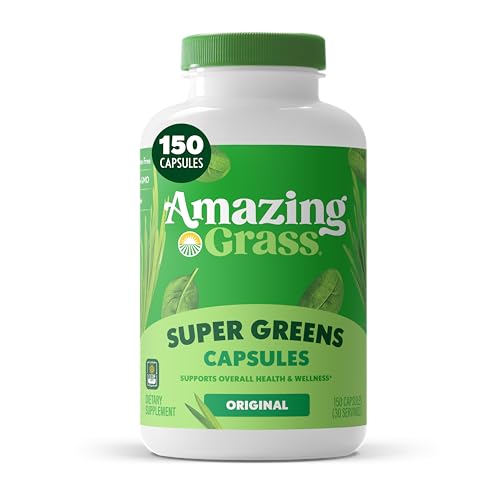 Amazing Grass Super Greens Capsules, Superfood, Greens Pills, Organic Spirulina, Chlorella, Beet Root Powder, Digestive Enzymes & Probiotics, Greens Supplement Capsules, 150 Count (Packaging May Vary)