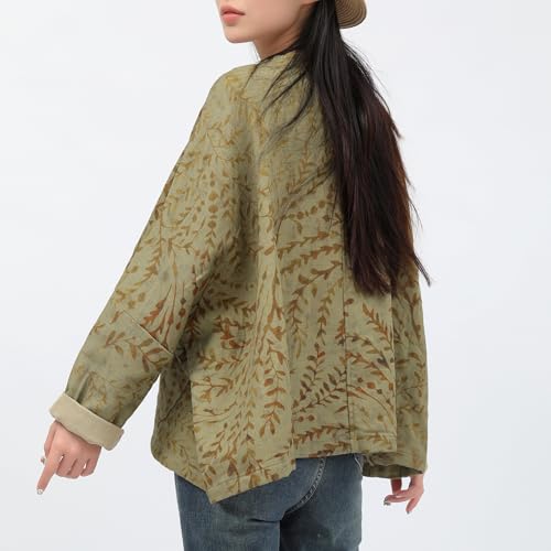 Women's Casual Jacket-Shirt Autumn Botanical Print Linen Long Sleeve Top Breathable Wind Resistant Outerwear Coat3