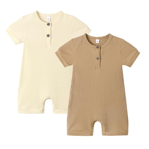 Image of Bafeicao Baby Boy Girl 2/3 Pack Solid Romper Ribbed Short/Long Sleeve Bodysuit Jumpsuit Infant Knitted Outfits Clothes