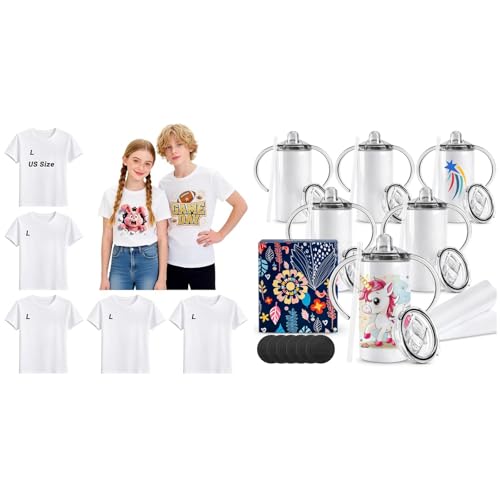Joyclub Bundle of 5 Pack Youth Sublimation Blank T Shirts and 6 Pack Sublimation Sippy Cups Toddler Tumbler Blanks 12 oz