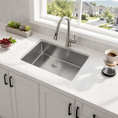 Image of 24 x 19 Inch Undermount Kitchen Sink, 16 Gauge Stainless Steel Single Bowl Under Counter, 24 inchx19 inchx9 inch Small Wet Bar Sink for Laundry Utility & RV with Drain