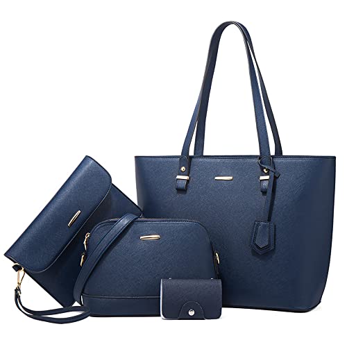 ZiMing 4-Pcs Handbags Set Women Vegan Leather Shoulder Bags Tote Dome Satchel Bag Clutch Wristlets Wallet Cross-body Bag for Minimalist Ladies-Blue