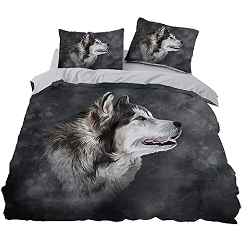 CXYXHW 3D Animal Print Bed Linen Set, 3-Piece Wolf Pattern Duvet Cover, Super Soft Polyester, for Children, Boys, Girls, with Pillowcases (C, 135 x 200 cm) Cover