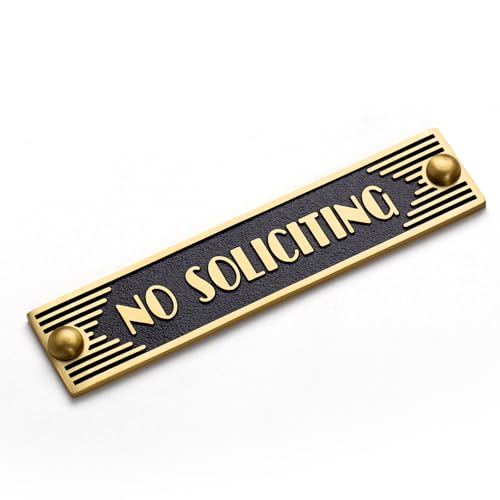 Morgtta Brass No Soliciting Sign 5" - Classic Art Deco Style, Brushed Matte Finish, Hidden Screws and Nanotape Adhesive for Front Door, Wall Decor, Home, Office, Business - Rectangle