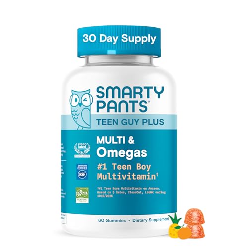 SmartyPants Teen Guy Multivitamin Gummies - Improved Formula: Omega 3 (DHA/EPA), Vitamin D3, C, Vitamin B12, B6, A, K & Zinc, Folate, Gluten Free, Fruit Flavor, 60 Count (30 Day Supply)