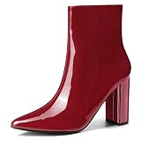 Allegra K Women's Pointed Toe Zip Chunky Heels Red Ankle Boots 8 M US