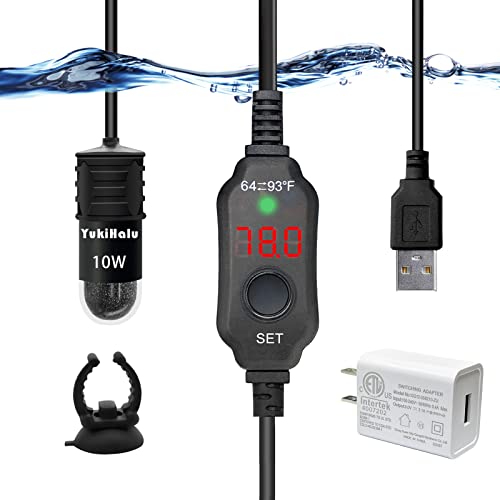 YukiHalu USB-betriebene Tauch-Aquarium-Heizung, Mini-Aquarium-Heizung, 10 W, mit eingebautem Thermometer, externer Temperaturregler, für 0.5,1 Gallone Tank (Adapter im Lieferumfang enthalten) Cover