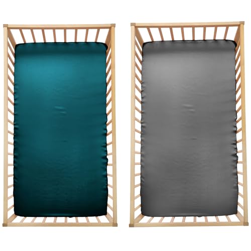 Image of SiinvdaBZX 2 Pcs Satin Mini Crib Sheets 38 x 24In, Teal & Grey | Silk-Like Soft Mini Portable Crib Sheets Mattress Cover Portable Playard Sheets with 5In Deep Pocket, Great for Baby Hair