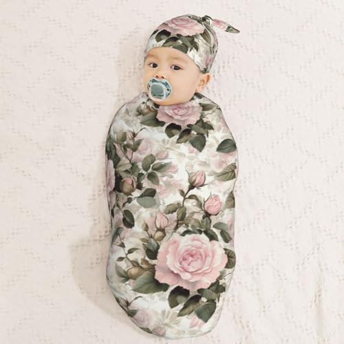 Image of Pink Vintage Rose Floral Swaddle Blanket with Beanie Hat Set Newborn Swaddle Wrap Soft Baby Receiving Blankets Baby Swaddle Blanket for Baby Boys and Girls