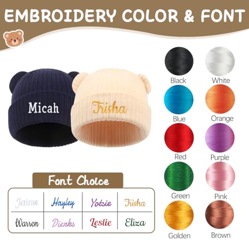 Personalized Baby Beanies Hats, Custom Embroidered Name Knitted Toddler Winter Bear Ear Hat3