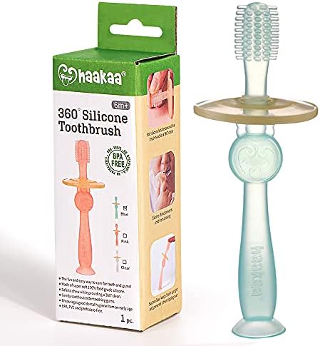 haakaa 360° Silicone Baby Toothbrush with Suction Base Infant to Toddler Toothbrush, Food Grade Silicone, 1pc (Blue)