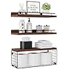 Xeapoms Floating Shelves with Wire Storage Basket, Wall Mounted Bathroom Shelves Over Toilet with Metal Guardrail, Rustic Wood Wall Shelf for Bathroom Decor,Bedroom,Living Room,Kitchen – Rustic Brown