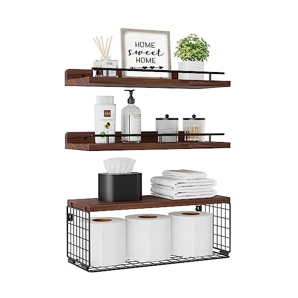 Xeapoms Floating Shelves with Wire Storage Basket, Wall Mounted Bathroom Shelves Over Toilet with Metal Guardrail, Rustic Wood Wall Shelf for Bathroom Decor,Bedroom,Living Room,Kitchen – Rustic Brown