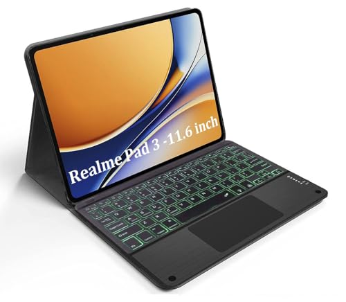 Image of HOM Tri-Fold 7-Colour Backlight Detachable Wireless Bluetooth Keyboard with Trackpad /Touchpad Tablet Cover Case for Realme Pad 3 11.61 inch