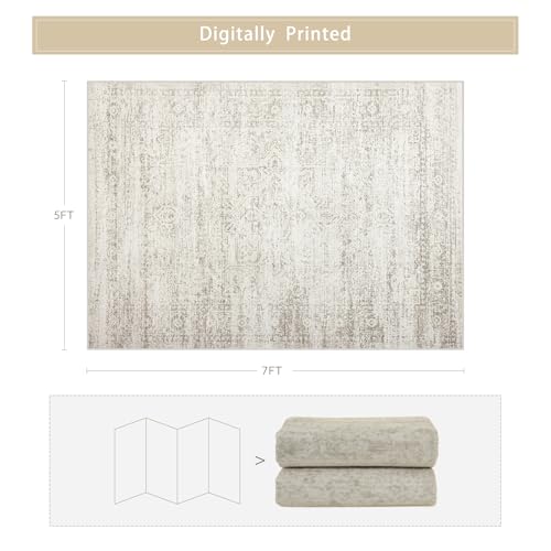 Washable Rugs 5x7 Area Rugs for Living Room,Rugs for Bedroom, Large Carpets,Ultra Soft Faux Wool Retro Dining Room Rug,Non Slip&Non-Shedding Low Pile Vintage Print Rug for Home Office Decor