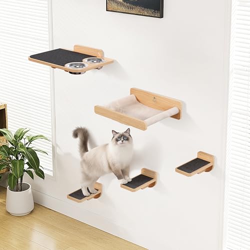 PATHOSIO PETS Space-Saving Cat Wall Shelves – Interactive Cat Wall Climber with Hammock & Dog Proof Feeding Station for All Indoor Breeds – Solid Natural Wood with Gray Carpet