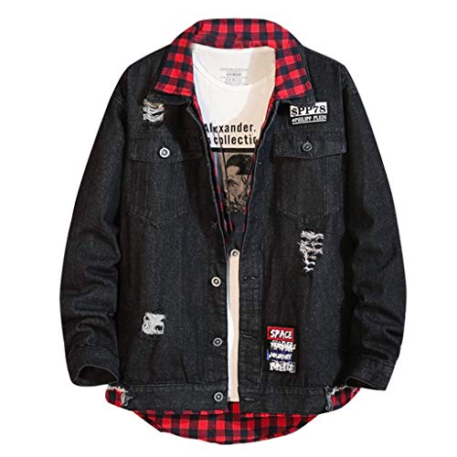 Mnyycxen Men's Denim Hooded Jacket Button Down Classy Hoodies Casual Distressed Ripped Holes Loose Fit Coats Outwear